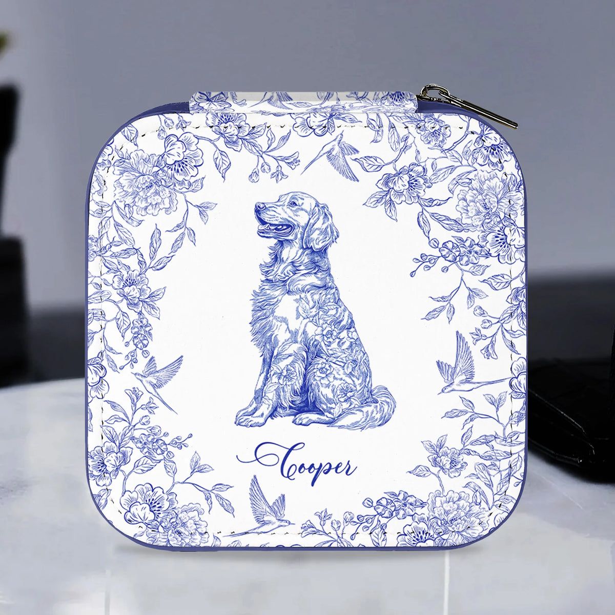 Floral Dog Custom Breeds Toile De Jouy Style Chinoiserie - Personalized Jewelry Box