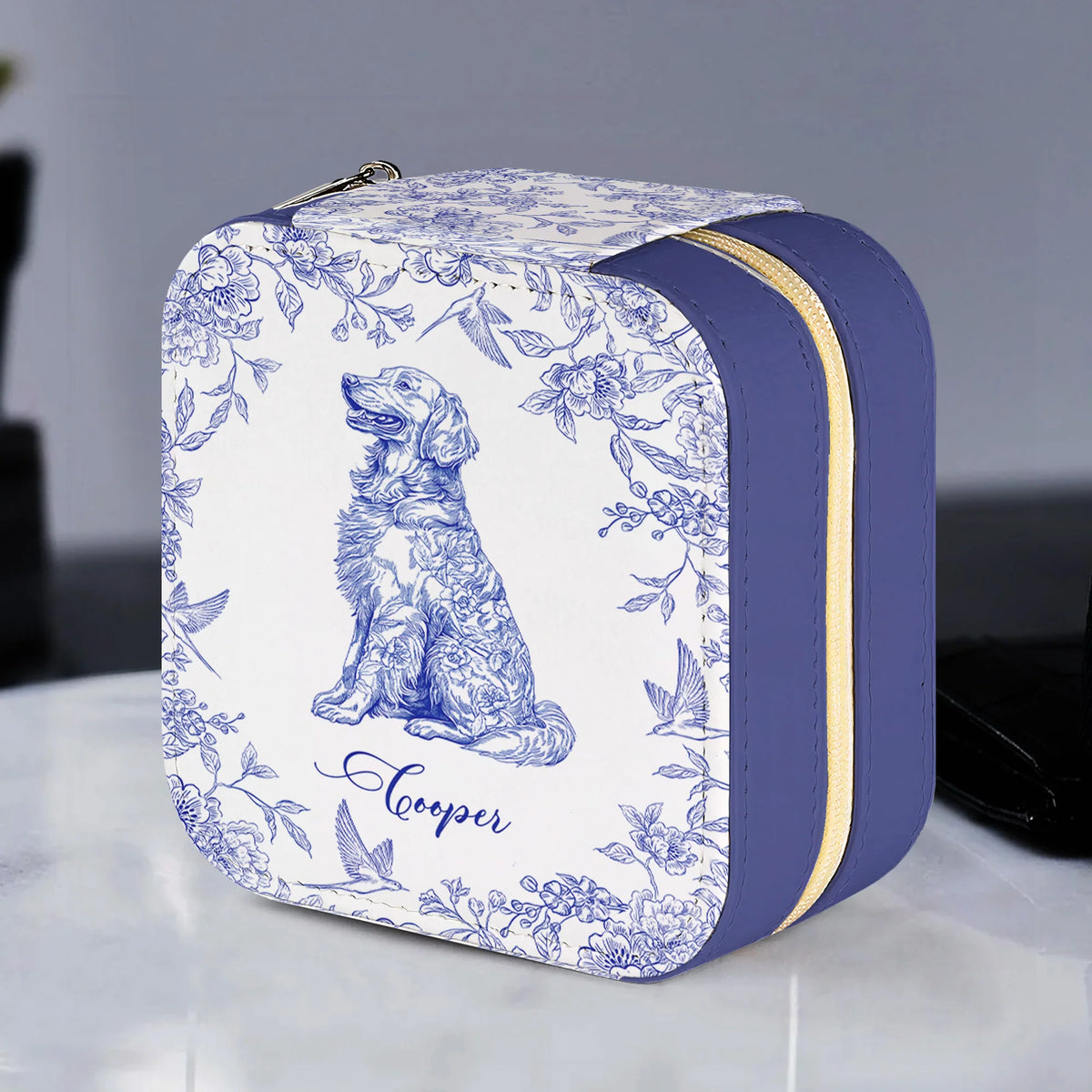 Floral Dog Custom Breeds Toile De Jouy Style Chinoiserie - Personalized Jewelry Box