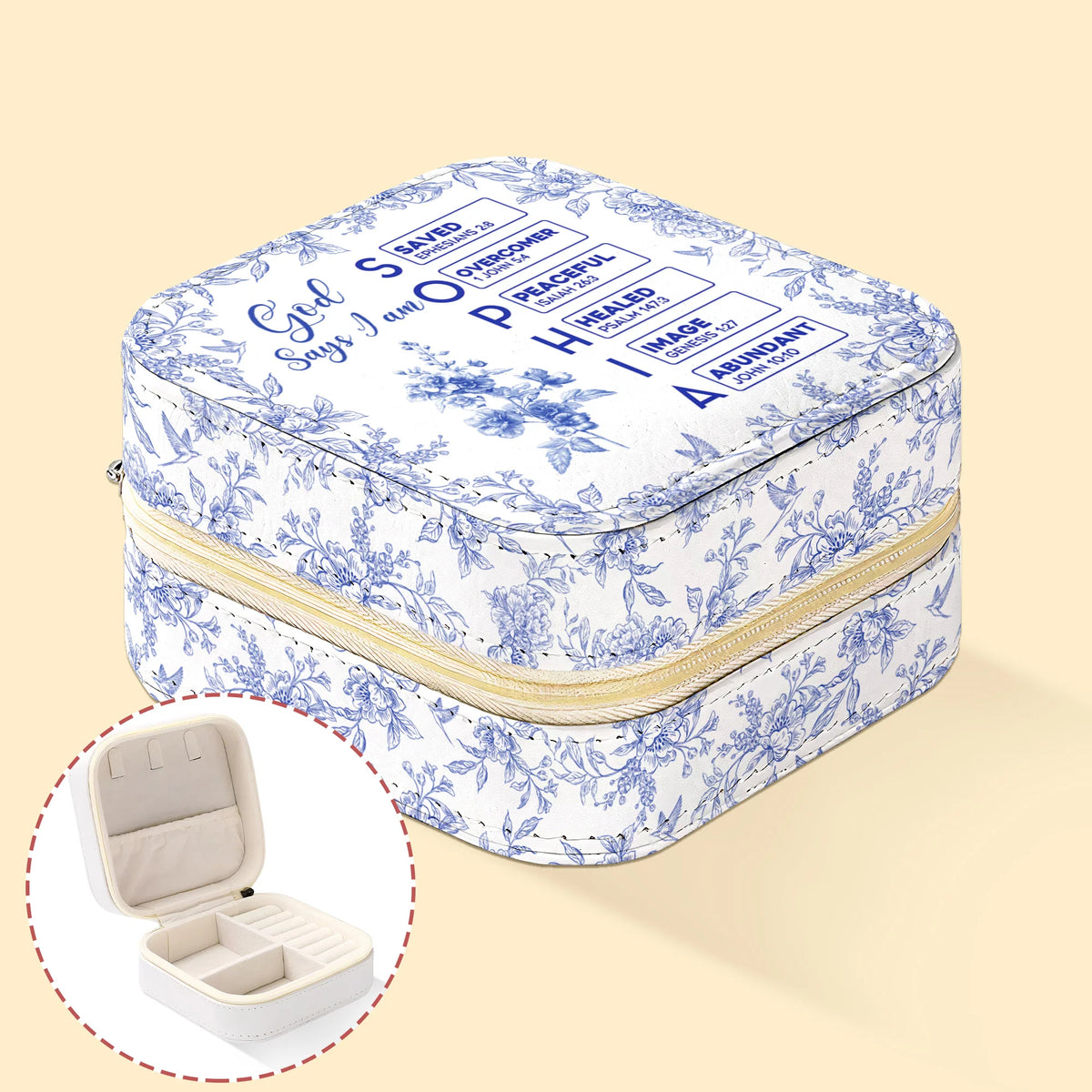 God Says I Am Name Letter In Bible Toile De Jouy Style - Personalized Jewelry Box